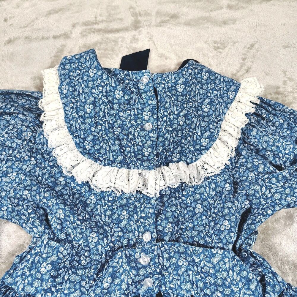 Vtg Mini World Prairie Dress Size 8 Blue Ditsy Floral Ruffle Lace Cottage Utah - Picture 11 of 11